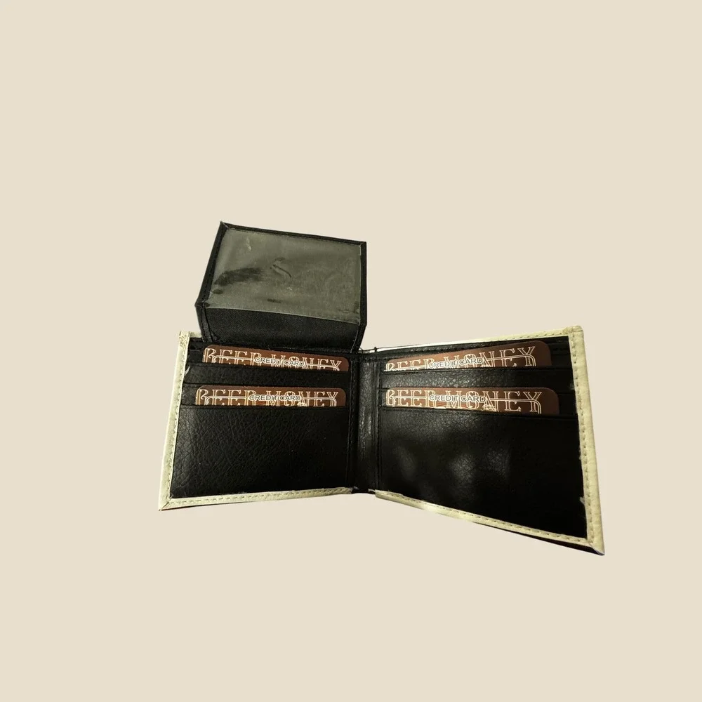 Beer Money Handcrafted Vegan Leather Bifold Wallet Skeleton Graphic Brown Black